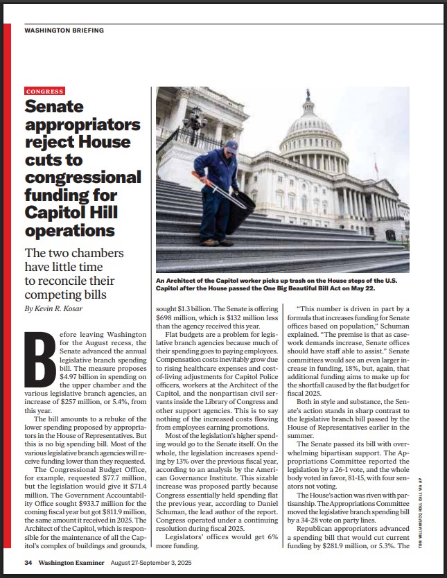 Senate appropriators reject House cuts to congressional funding for Capitol Hill operations